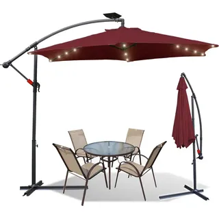 Jiubiaz 3.5m Sonnenschirm UV40+ Camping Pendelschirm Pavillon LED Solar Gartenschirm mit LED -Rot - Rot