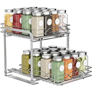 MAYZOLOP Gewürzregal Ausziehbar, Edelstahl Gewürz Organizer, 2 Etagen Höhenverstellbar Gewürzregal Schrank Küchen Organizer, Gewurzregalsystem für Küchen Schrank,Gewürzregal Stehend für schrank innen