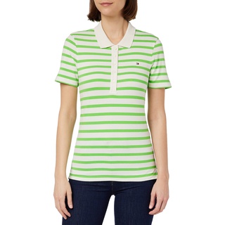 Tommy Hilfiger Damen Poloshirt Kurzarm 1985 Slim Pique Slim Fit, Weiß (Breton Stripes W White/Spring Lime), XL