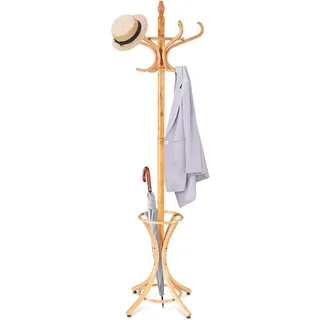 RELAX4LIFE Garderobenständer Holz, Garderobe Aufhänger inkl. 12 Kleiderhaken, Kleiderständer mit Schirmständer, Stabiler Jackenständer, bis 10 kg belastbar, für Mäntel & Hüte & Hosen, 184 cm (Natur)