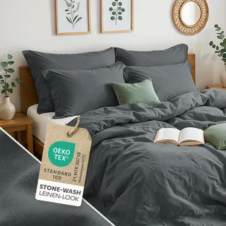 Blumtal Bettwäsche 155x220cm Sommer 2teilig mit Kissenbezug 80x80cm - Bettbezug leinenartige Baumwolle, ähnlich wie Leinenbettwäsche - Oeko-TEX zert. Stone Washed Bettbezug Anthrazit
