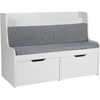Relaxdays Kinderbank mit Stauraum, HxBxT: 70 x 100 x 45 cm, Lesebank, 2 Schubladen, Buchablage, Sitzpolster, weiß/grau