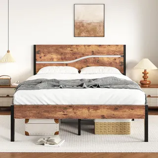 VECELO Bettgestell 140 x 200 cm, Doppelbett mit Holzoptik-Kopfteil und Lattenrost, 31 cm Stauraum unter dem Bett, Stabiler Metallrahmen, Industrial-Vintage-Design, Braun
