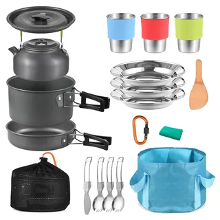 Camping Kochgeschirr Set, 21 Teile, tragbare Aluminium Kochtöpfe, für 3 Personen, Outdoor-Camping, Wanderung, Überlebensausrüstung