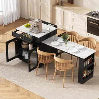 Merax Esstisch Kücheninsel mit Rollen, Ausziehbarer Esstisch, LED Steckdosenleiste, Multifunktionaler Bartisch, Sideboard, küchentisch, Schwarz+Weiß - Schwarz