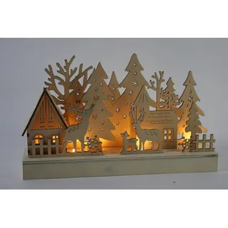 FHS International Star-Max LED Silhouette Rentier aus Holz - 6 warmweiße LED, 30x7x18cm, Batteriebetrieben mit Timer 16/8