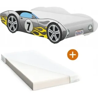 iGLOBAL Kinderbett Autobett Cars Bett Jugendbett Juniorbett Bett mit Lattenrost Stellage Schaumstoffmatratze Grau mit einer Flamme 140 x 70 cm - Grau