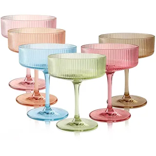 Vessyn Martinigläser Bunt 6er-Set Gerippte Coupé Gläser & Champagnerschalen 260ml - Handgemachte, farbige Retro Cocktailgläser mit Stiel Luxus Glas-Set im Farben-Mix für Martini Sekt Margarita Dessert