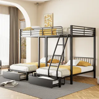 Merax Etagenbett 90x200cm/140x200cm mit Schubladen und Tisch, Hochbett mit Leiter und Rausfallschutz, Metallbett Kinderbett Jugendbett für 3 Kinder - Schwarz