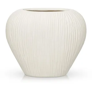 Flache Keramikvase Modern – Schmale Ribbed Vase für Pampasgras & Kunstblumen, Dekovase Keramik für Tisch, Regal & Sideboard, Boho Blumenvasen Wohndeko, Weiß - 17 cm Hohe