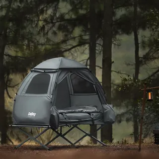 SoBuy OGS32-HG Feldbett mit Zelt 7in1 Wurfzelt mit Luftpumpe, Rolltasche, Schlafsack, Wasserdichtes Campingbett Hellgrau 193 x 160 x 86cm bis 114 kg - Hellgrau
