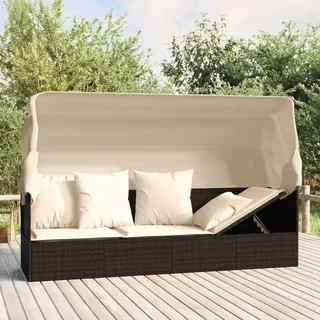 The Living Store Outdoor-Loungebett mit Dach und Kissen Braun Poly Rattan - Braun