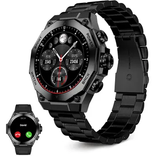 KSIX Titanium Smartwatch für Herren, Sportuhr, Anrufe und Benachrichtigungen, Armband aus Stahl und Silikon, AMOLED-Display, Gesundheits- und Sportmonitor, Sprachassistenten, Autonomie 7 Tage, Schwarz