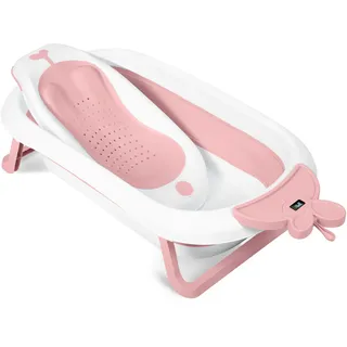 Ricokids - RK-282 - Babybadewanne mit integriertem Thermometer - aus Silikon - mit Stöpsel, Klappbarem Gestell - Faltbar - Temperaturanzeige - Reisebadewanne für Kleinkinder - Weiß, Rosa