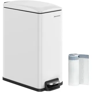 ‎SONGMICS Mülleimer Küche, 48 Liter, schmal, Abfalleimer, Tretmülleimer für enge Räume, Küchenmülleimer mit Softclose-Deckel und Inneneimer, Stahl, 15 Müllbeutel inklusive, weiß LTB510W4802