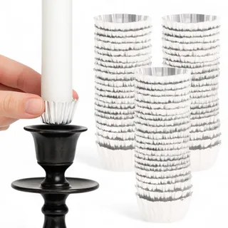 MIJOMA 120 Stück Candle Cups Kerzenhülsen aus Aluminium Silber | Befestigung für Stabkerzen Ø 2–2,5 cm – Schutz vor Wachsresten – Kerzentüllen für Kerzenständer
