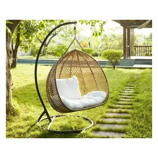 Hängesessel 2-Sitzer Polyrattan - Beige mit weißem Kissen - VAHINA von MYLIA