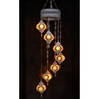 Hanglamp aus handgefertigtem Glas-Mosaik in Cremeweiß mit 7 bunten Kugeln, orientalische Kronleuchterlampe - Braun, Beige