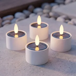 Nordic Flame Solar LED Teelichter Outdoor 4er Set - Realistische 3D Flamme - Wasserdicht IP44 - Automatisches Ein/Aus - Wiederaufladbarer Akku - Flammenlose Teelichter für Garten Balkon Terrasse