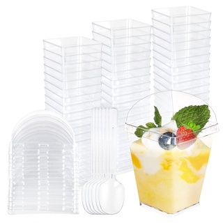 STARVAST 100 Stück Desserttassen mit Deckel und Löffeln, 150ML/5OZ Quadratischer Dessertbechern Set, Wiederverwendbar Plastik Dessertbecher für Dessertparty Pudding Mousse Eis