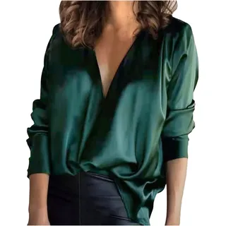 Langarmshirt Damen V Ausschnitt - Satin Bluse Elegant Seidenbluse Damen Tunika Top Langarm T Shirt Oberteile Seidenhemd Lockere Lässige Sexy Blusenshirt Hemd Tops Blusen & Tuniken für Damen
