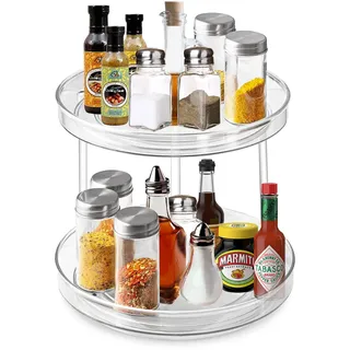 KEWUZY Küchen Organizer Drehbarer Gewürzhalter 2 Etagen, 360° Drehteller-Schrank Organizer, Gewürzorganiser, Gewürzregal aus Kunststoff für Gewürze Öl Gewürzflaschen, durchsichtig, Zweistöckig-23cm
