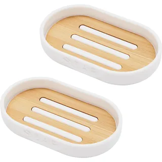 AMARE Seifenschale 2er-Set Seifenhalter aus Bambus 12,3 x 9,3 x 2,5 cm, weiß