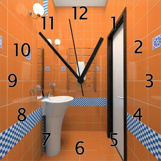Wallario Design Wanduhr Modernes Badezimmer in orange mit blauen Fliesen aus Echtglas, Größe 30 x 30 cm - Braun