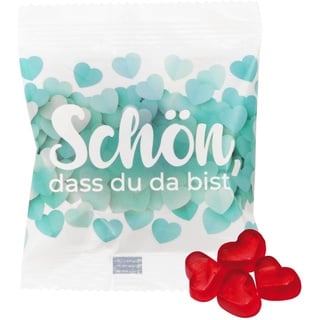 25 x vielseitige Gast-geschenke Tütchen: Hell blaues Design mit Herzen, gefüllt mit echten Trolli Herzen mit 10% Fruchtsaft, 10g - Perfekt für Hochzeiten, Geburtstage & mehr - Schön, dass du da bist!