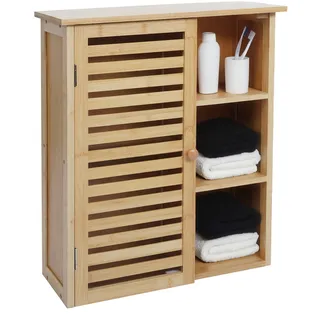 Hängeschrank HWC-O73, Badschrank Badezimmerschrank, Türe Staufächer Bambus 60x50x19cm