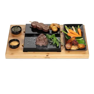 BEEFSTONE Heißer Stein Grill Steinplatte Modell DUE Hot Stone Steak Maker Lavasteine Grill Holzbrett Bambus, Lavastein Steak, Heisser Stein Raclette komplett Set mit 8 Teilen