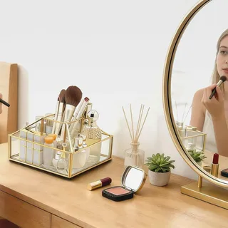 360 Drehbar Make Up Organizers, Vintage Kosmetik Organizer Glas Schminktisch Organizer mit 5 Fächer, Großer Pinselhalter für Schlafzimmer, Badezimmer, Büro
