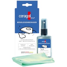 ceragol ultra Bügeleisenreiniger - Reinigungs-Spray für alle Bügel-Sohlen, Flüssig-Reiniger entfernt Schmutz & Kalk, 50ml Sprühflasche + Microfasertuch