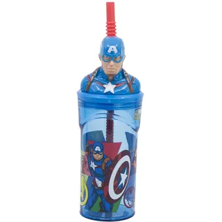 Stor Wiederverwendbarer Kinderbecher mit Strohhalm und Deckel mit 3D-Figur und Fassungsvermögen von 360 ml, Captain America, Avengers