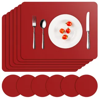 APLKER Tischset Leder 6er Set - Kunstleder Platzset Abwaschbar, Hitzebeständig Doppelseitigen Wasserdicht Platzdeckchen Lederoptik mit Tischuntersetzer, 16 x 12 Zoll (Rot)