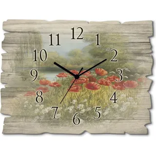 ARTland Holz Wanduhr Funkuhr - schwarzer Zeiger Mohnwiese am See Größe: 40x30 cm - Grün