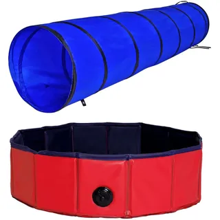 lionto Hundetunnel Agilitytunnel (200 x 40 cm) mit Hundepool Faltbarem Planschbecken (80 x 20 cm)