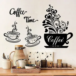 Wandtattoo Kaffeetasse, Kaffee Wandaufkleber DIY Wandsticker Küche Schwarz Wand Aufkleber für Küche Esszimmer Wohnzimmer Restaurant Büro Cafés Wanddeko