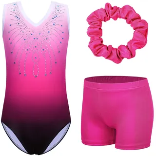 ZNYUNE Kinder Gymnastik Trikot Klassisch Gymnastikanzug 3er Set Anzug für Mädchen B180_PinkRose 10A