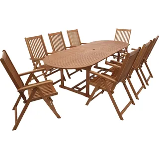 DEGAMO Gartenset Sitzgruppe Gartengarnitur LAGO 9-teilig in XL-Ausführung, 8x Klappsessel mit 8-fach verstellbarer Lehne, 1x Ausziehtisch 180/260x100cm, Holz Eukalyptus geölt - Braun