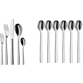 WMF Palermo Besteck Set 12 Personen, Essbesteck 60 teilig, Monobloc-Messer, Cromargan Edelstahl poliert & Latte Macchiato Löffel 6-teilig Nuova Cromargan Edelstahl rostfrei poliert