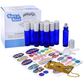 Kare & Kind Ätherisches Ölflaschen Set - 10x ätherische Ölflaschen (1/3 oz - 10 ml), 1x Werkzeug zum Öffnen/Versiegeln Flaschen, 78x Etikett, 1x Mini Pipette + 1x Mini Trichter (Kobaltblau)