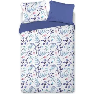 Aquarell Satin Bettwäsche 100% Baumwolle 3tlg Set 135 - 140x200 cm 2X Kissenbezug Blaue Blumen - Blau, Bunt