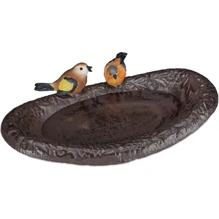 Relaxdays Gusseisen Vogeltränke mit Vogel, Gartendeko, Vogelfutterstelle, Wasserschale für Wildvögel, 24 cm breit, braun