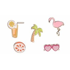 Brosche / Anstecknadel / Pins aus Metall - 5 Stück Set - Palme, Cocktail, Sonnenbrille, Flamingo