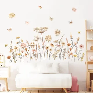 decalmile Wandtattoo Blumen Boho Wandaufkleber Wildblume Löwenzahn Schmetterlinge Wandsticker Schlafzimmer Wohnzimmer Sofa Hintergrund Wanddeko