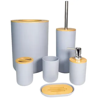 Intirilife Badezimmer Zubehör Set aus Bambus Kunststoff in Grau - 6 teiliges Set Zahnputzbecher Seifenschale Seifenspender Toilettenbürste Halterung Mülleimer