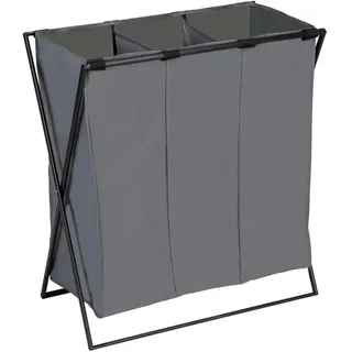 WENKO Wäschesammler Trio XL, Stabiler Wäschekorb mit Eisengestell, DREI Fächern für optimale Wäschetrennung und 145 L Füllmenge, platzsparend zusammenfaltbar, (B x H x T): 69 x 76 x 37 cm, Grau