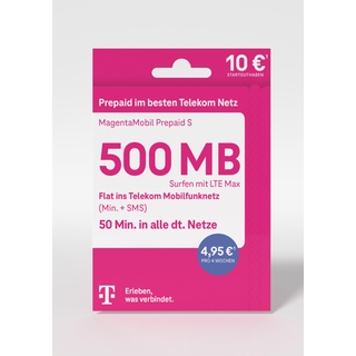 Telekom MagentaMobil Prepaid S SIM-Karte ohne Vertragsbindung I inkl. 500 MB & Flat (Min, SMS) ins Telekom Mobilfunknetz & EU-Roaming I Surfen mit LTE Max I 10 EUR Startguthaben