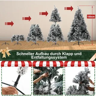 Jopassy 150cm Künstlicher Weihnachtsbaum mit Schnee, 550 PVC Nadeln & Metallständer, Tannenbaum, Christbaum, Schnellaufbau Klappsystem - Grün